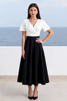Load image into Gallery viewer, A Line Black White V-Neck Long Work Dress