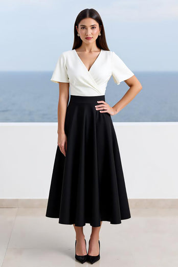 A Line Black White V-Neck Long Work Dress