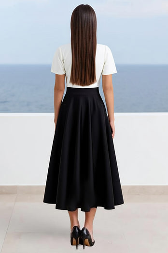 A Line Black White V-Neck Long Work Dress