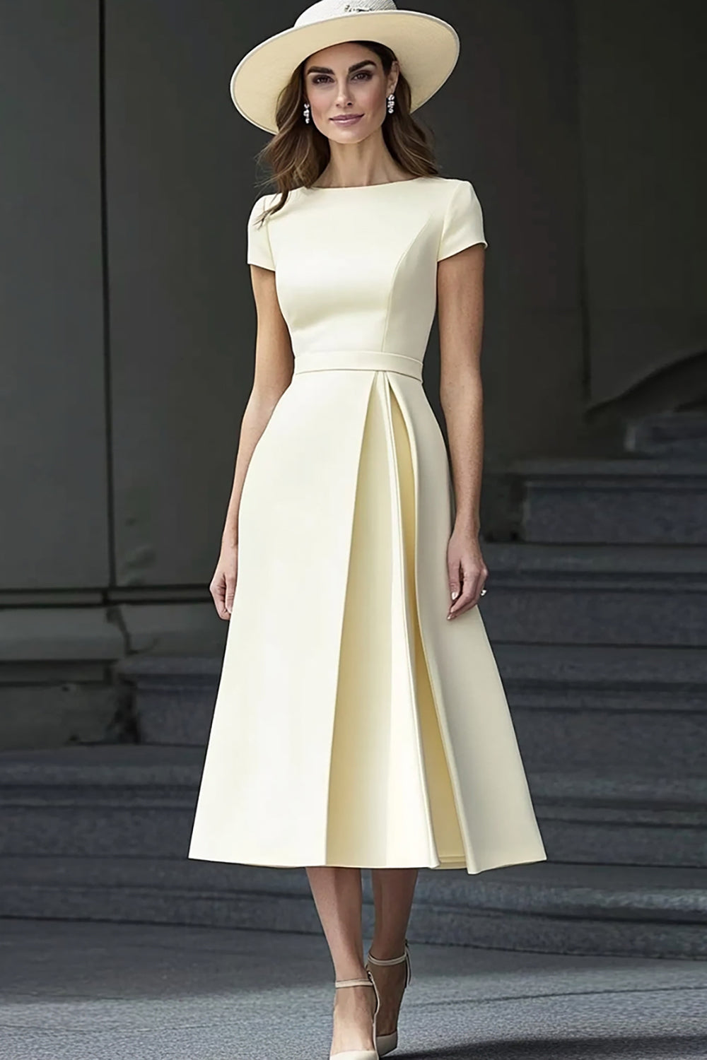 Daffodil A Line Satin Bateau Neck Midi Work Dress