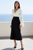 Load image into Gallery viewer, Black White V-Neck Long Sleeve Midi Work Dress