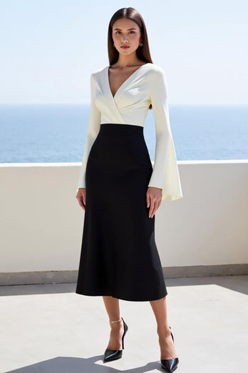 Black White V-Neck Long Sleeve Midi Work Dress