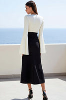 Load image into Gallery viewer, Black White V-Neck Long Sleeve Midi Work Dress
