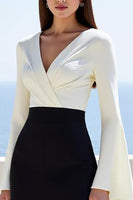 Load image into Gallery viewer, Black White V-Neck Long Sleeve Midi Work Dress