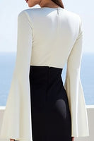 Load image into Gallery viewer, Black White V-Neck Long Sleeve Midi Work Dress