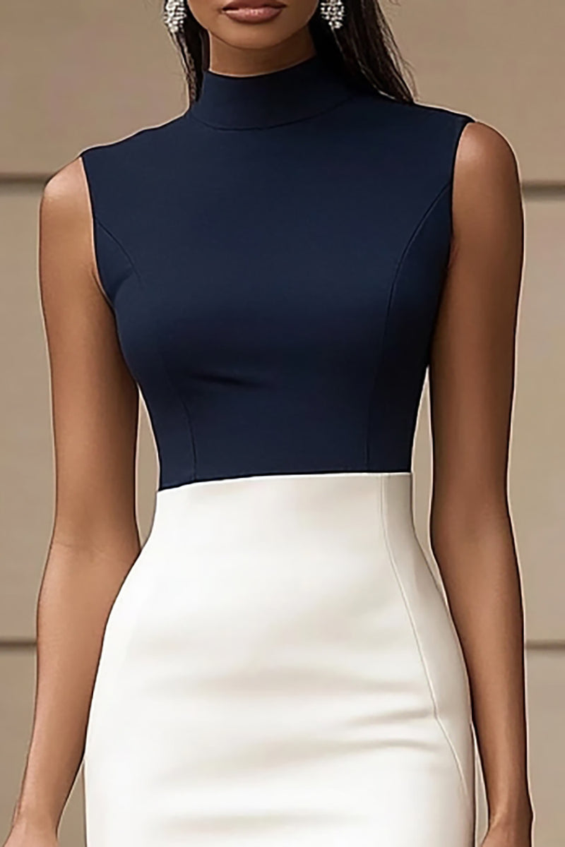 Load image into Gallery viewer, Navy Ivory High Neck Sleevesless Bodycon Work Dress