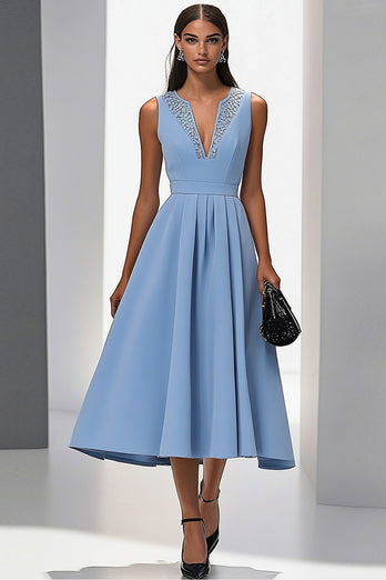 Grey Blue A Line Sleeveless Midi Work Dress