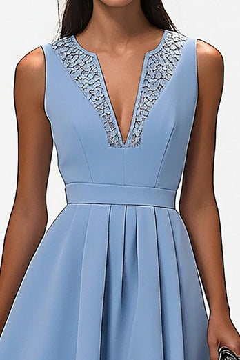 Grey Blue A Line Sleeveless Midi Work Dress