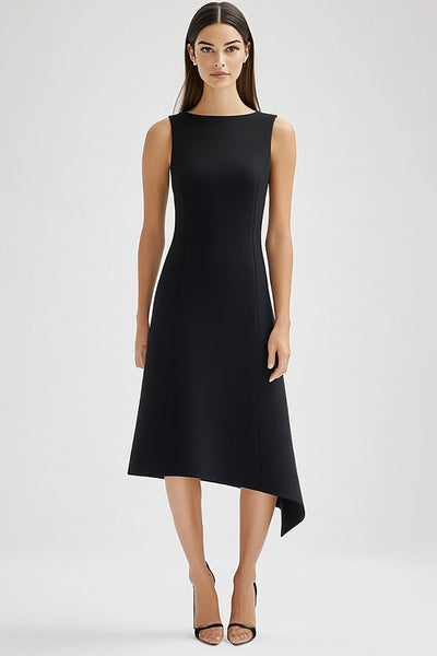Black Bateau Neck A Line Satin Work Dress