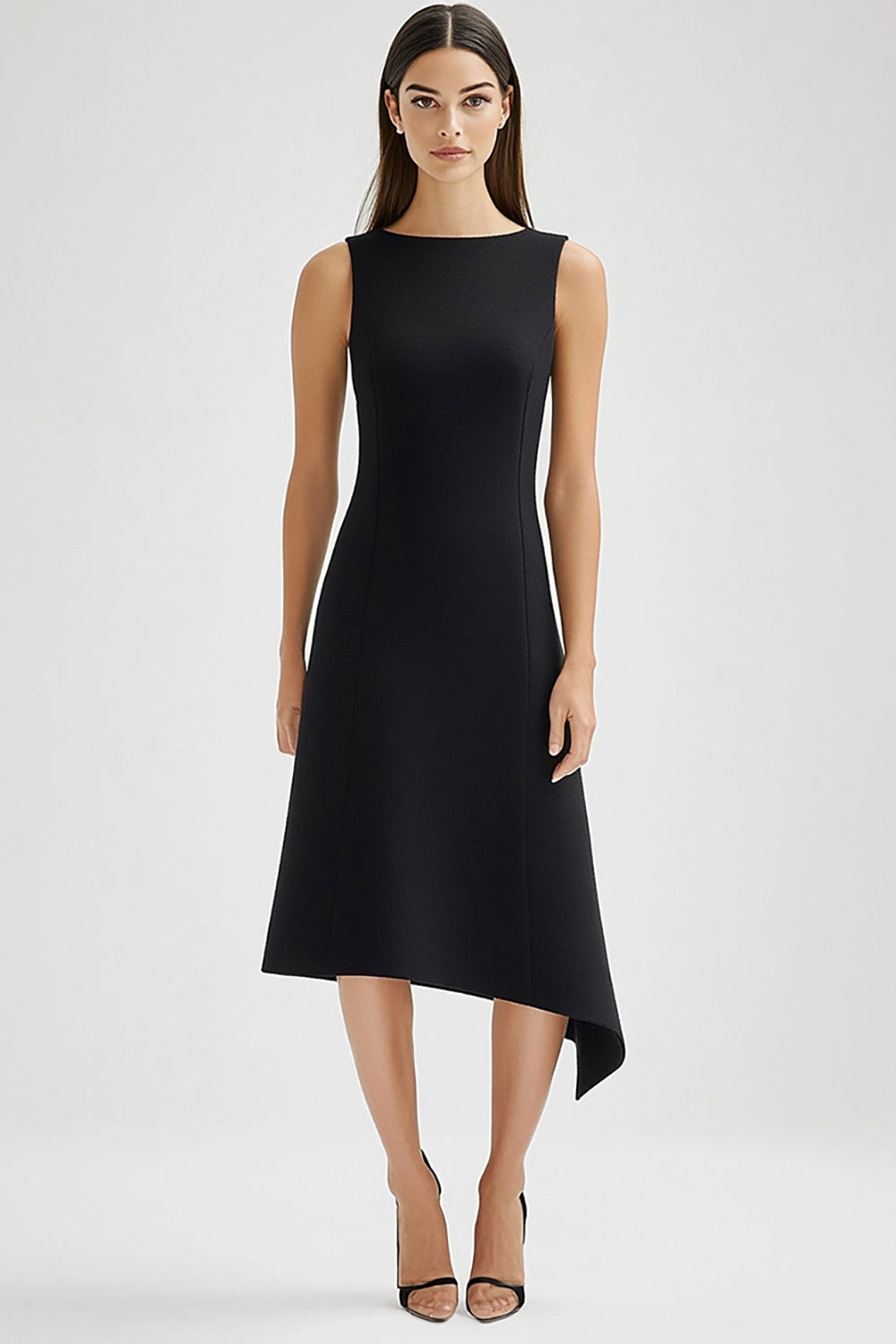 Black Bateau Neck A Line Satin Work Dress