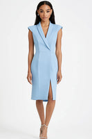 Load image into Gallery viewer, Sky Blue Bodycon Shawl Lapel Work Dress with Slit