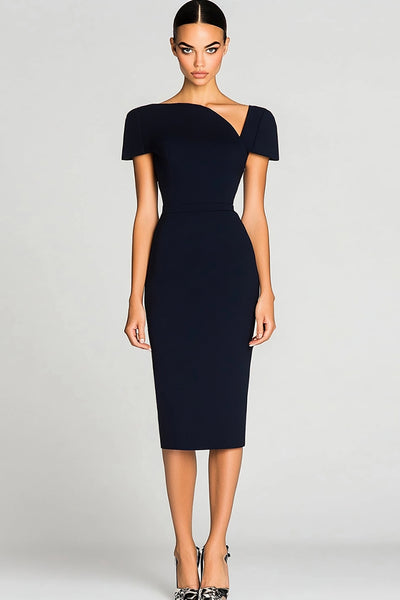 Black Bodycon Asymmetrical Midi Work Dress