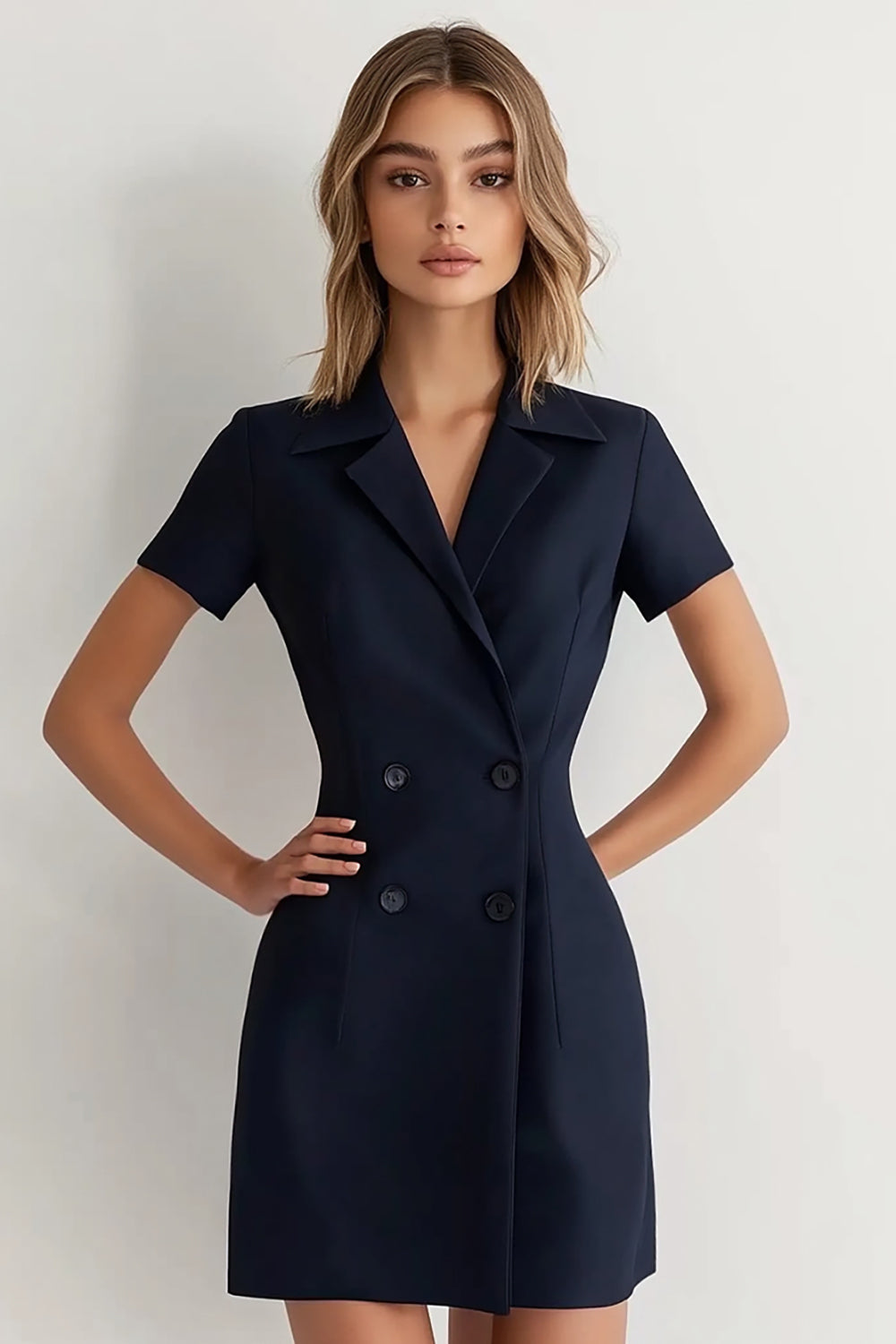 Navy Peak Lapel Double Breasted Short Work Blazer Dress