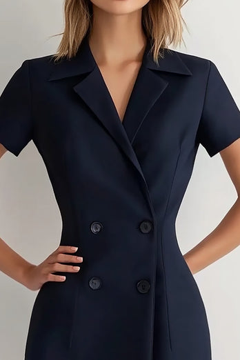 Navy Peak Lapel Double Breasted Short Work Blazer Dress