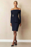 Load image into Gallery viewer, Off the Shoulder Navy Bodycon Long Sleeve Work Dress