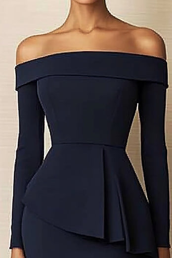 Off the Shoulder Navy Bodycon Long Sleeve Work Dress