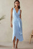 Load image into Gallery viewer, Sky Blue Sheath Tie Front V-Neck Long Work Dress