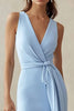 Load image into Gallery viewer, Sky Blue Sheath Tie Front V-Neck Long Work Dress