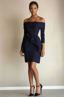 Load image into Gallery viewer, Navy Off the Shoulder Bodycon Short Work Dress