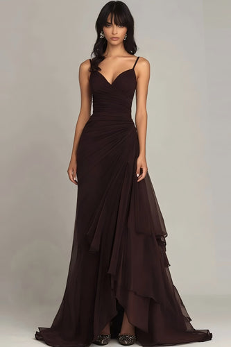 Dark Brown Spaghetti Straps Chiffon Ruffled Long Formal Dress