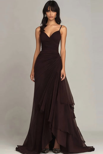 Dark Brown Spaghetti Straps Chiffon Ruffled Long Formal Dress