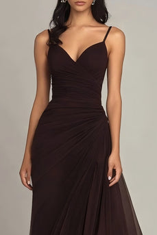 Dark Brown Spaghetti Straps Chiffon Ruffled Long Formal Dress