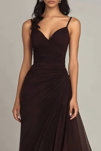 Dark Brown Spaghetti Straps Chiffon Ruffled Long Formal Dress