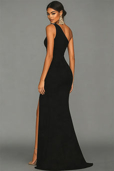 Black Mermaid One Shoulder Satin Long Formal Dress with Slit