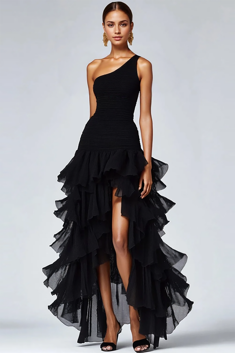 Load image into Gallery viewer, Black Organza One Shoulder High Low Formal Dress with Ruffles