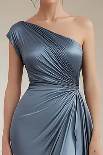 Grey Blue One Shoulder Sheath Long Formal Dress