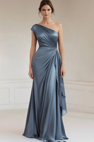 Load image into Gallery viewer, Grey Blue One Shoulder Sheath Long Formal Dress