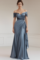 Load image into Gallery viewer, Grey Blue Off the Shoulder Sheath Satin Long Formal Dress