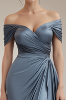 Load image into Gallery viewer, Grey Blue Off the Shoulder Sheath Satin Long Formal Dress