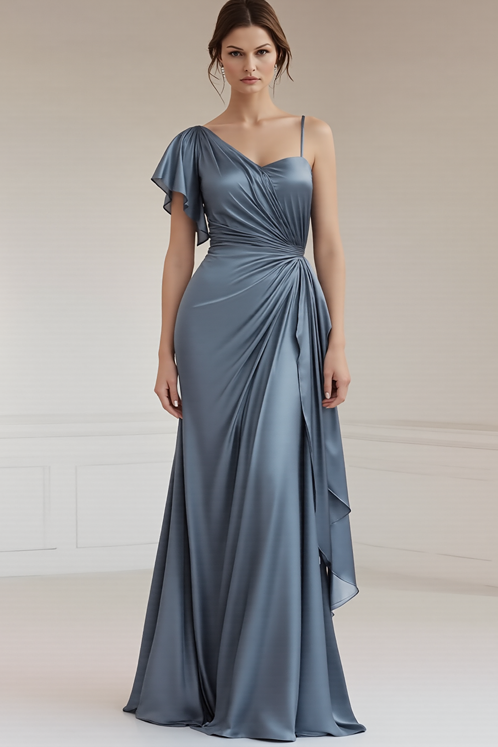 Grey Blue Sheath Satin Asymmetrical Long Formal Dress