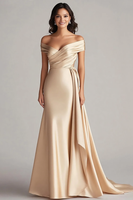 Load image into Gallery viewer, Champagne Mermaid Long Satin Formal Dress with Ruffles Ruched Sweetheart Off the Shoulder Evening Dress