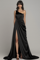 Load image into Gallery viewer, Satin Peacock A Line One Shoulder Long Formal Dress with Slit