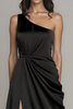 Load image into Gallery viewer, Black One Shoulder A Line Satin Long Formal Dress with Slit