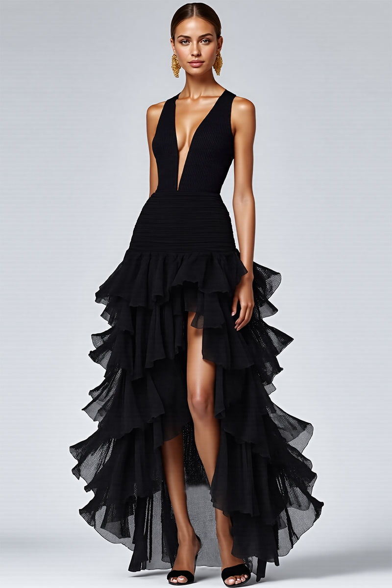 Load image into Gallery viewer, Black Ruffled Deep V-Neck A Line Long Formal Dress with Slit