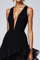Load image into Gallery viewer, Black Ruffled Deep V-Neck A Line Long Formal Dress with Slit