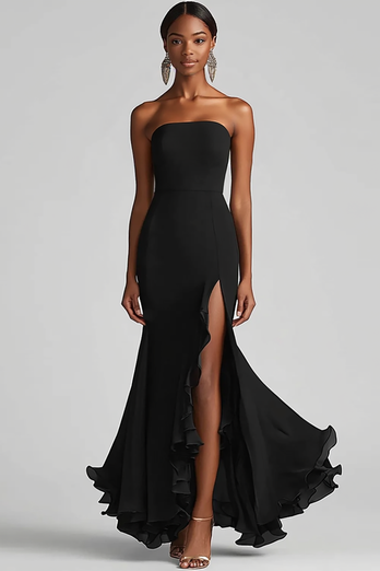 Royal Blue Strapless Sheath Long Chiffon Formal Dress with Slit