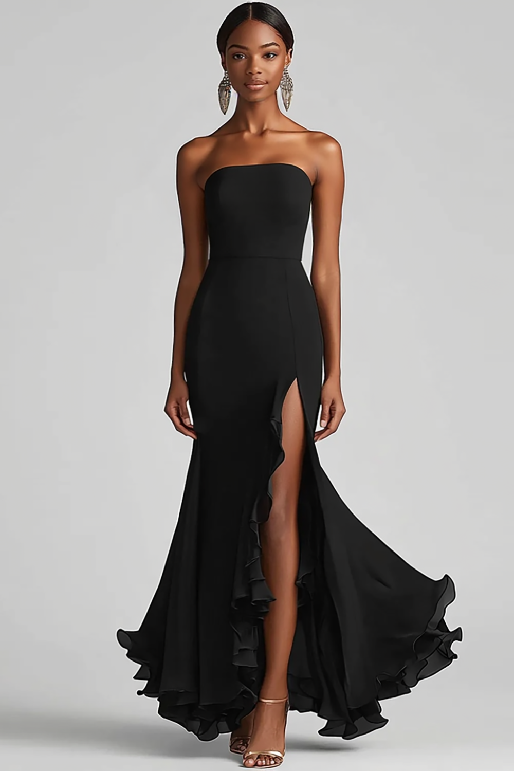 Strapless Sheath Chiffon Long Black Tie Dress with Slit