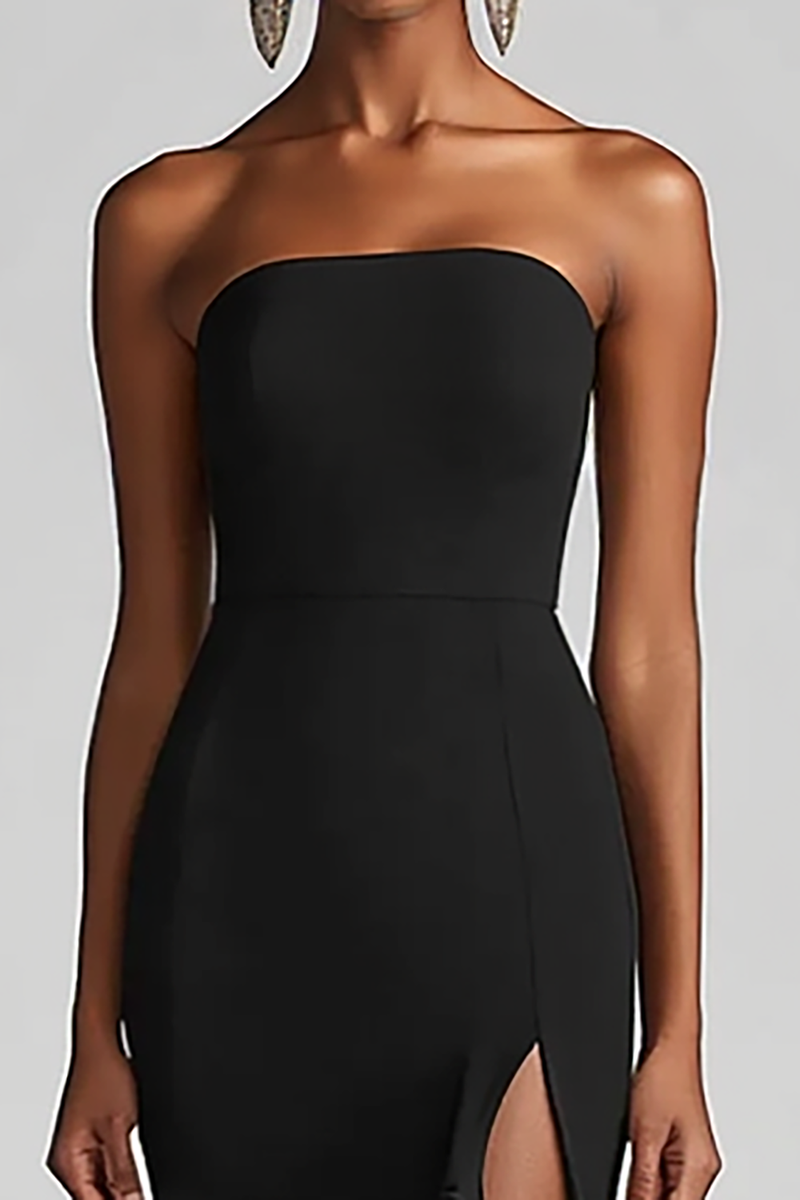 Load image into Gallery viewer, Strapless Sheath Chiffon Long Black Tie Dress with Slit