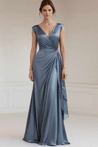 Grey Blue V-Neck Sheath V-Neck Long Satin Formal Dress with Ruffles