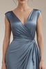 Load image into Gallery viewer, Peacock V-Neck Sheath Satin Long Formal Dress with Ruffles