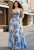 Load image into Gallery viewer, White Blue Flower Corset V-Neck A Line Long Chiffon Prom Dress with Slit