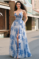 Load image into Gallery viewer, White Blue Flower Corset V-Neck A Line Long Chiffon Prom Dress with Slit