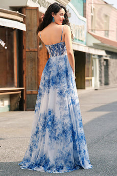 White Blue Flower Corset V-Neck A Line Long Chiffon Prom Dress with Slit