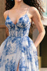 Load image into Gallery viewer, White Blue Flower Corset V-Neck A Line Long Chiffon Prom Dress with Slit