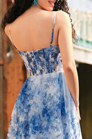 Load image into Gallery viewer, White Blue Flower Corset V-Neck A Line Long Chiffon Prom Dress with Slit