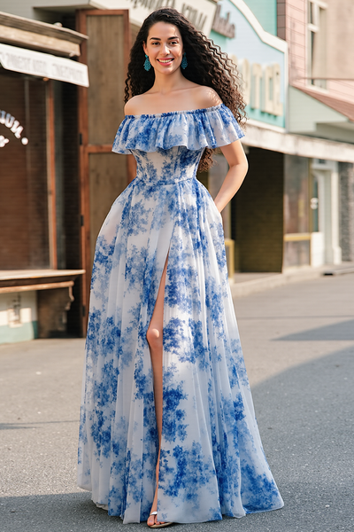 White Blue Flower A Line Off the Shoulder Long Chiffon Prom Dress with Slit